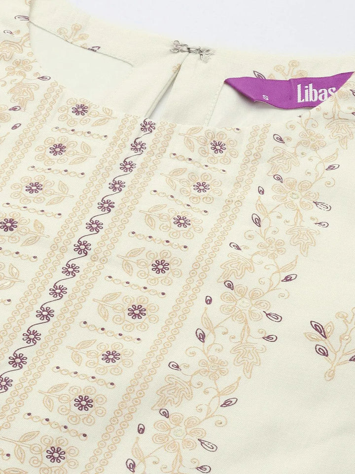 Cream Printed Chanderi Silk Straight Suit Set With Trousers - Libas