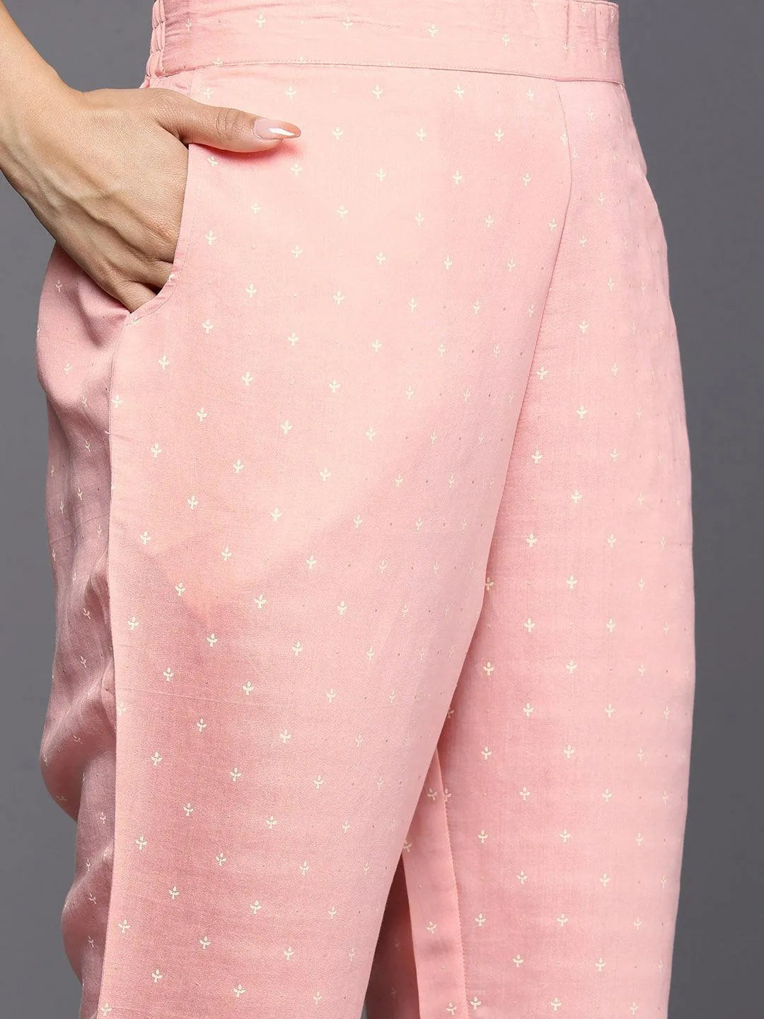 Cream Printed Chanderi Silk Straight Suit Set With Trousers - Libas 