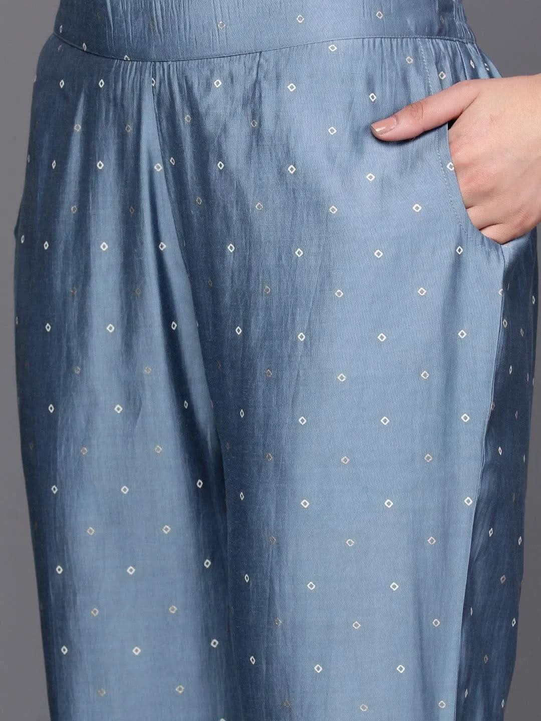 Cream Printed Chanderi Silk Straight Suit Set With Trousers - Libas 