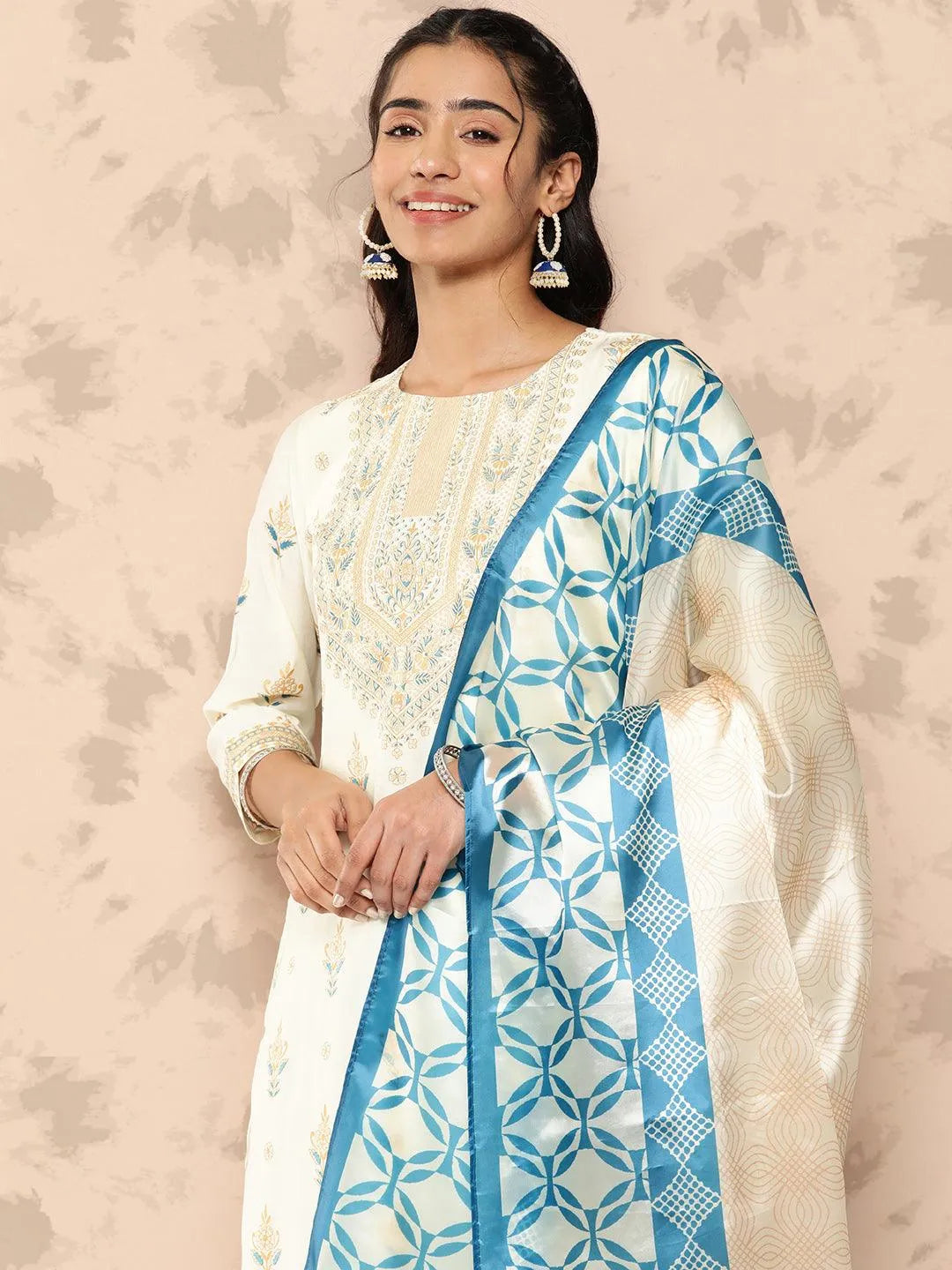 Cream Printed Chanderi Silk Straight Kurta With Trousers and Dupatta - Libas 