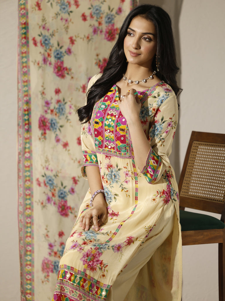 Libas Cream Printed Chinon Straight Suit Set With Dupatta