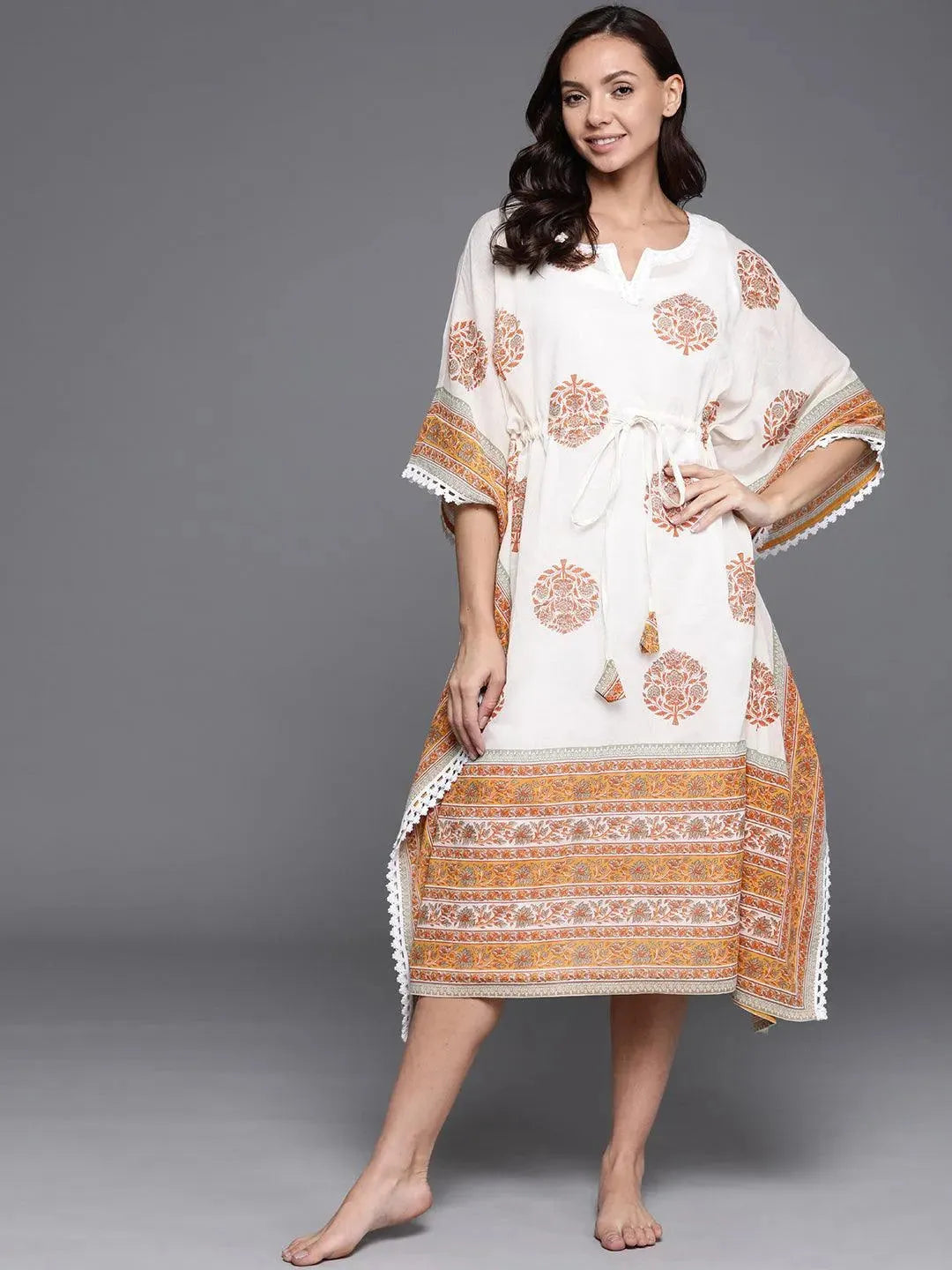 Cream Printed Cotton Nightdress - Libas