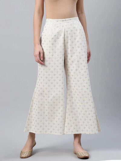 Cream Printed Cotton Palazzos - Libas