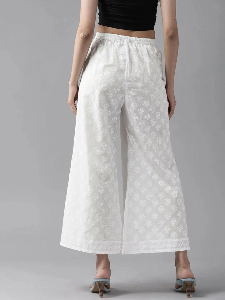 Cream Printed Cotton Palazzos - Libas