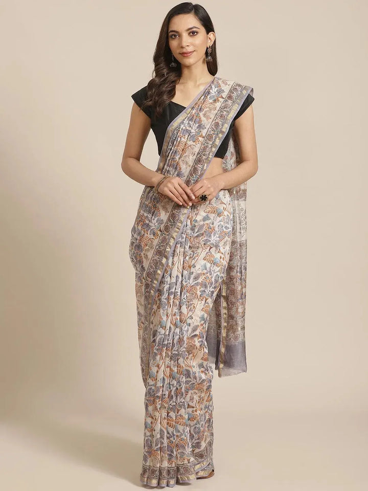 Cream Printed Cotton Silk Saree - Libas