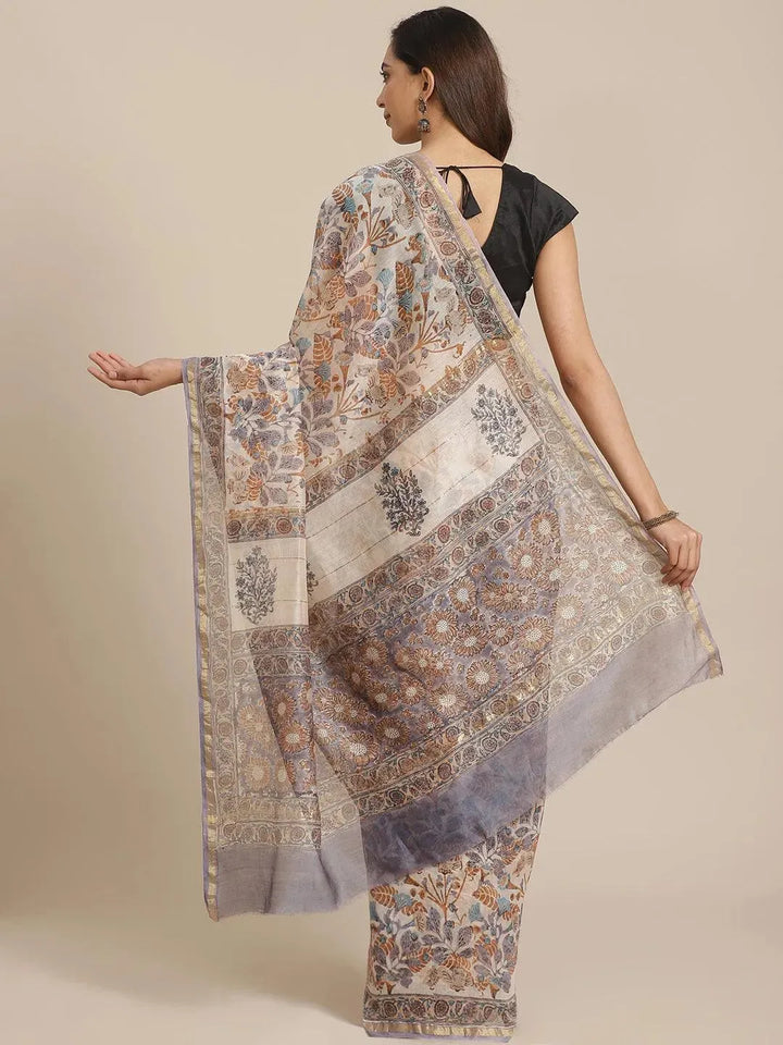 Cream Printed Cotton Silk Saree - Libas