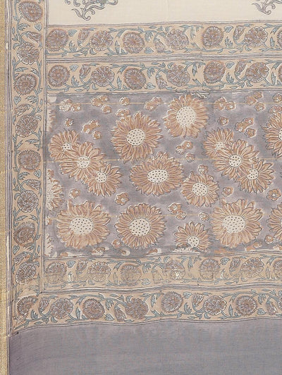 Cream Printed Cotton Silk Saree - Libas