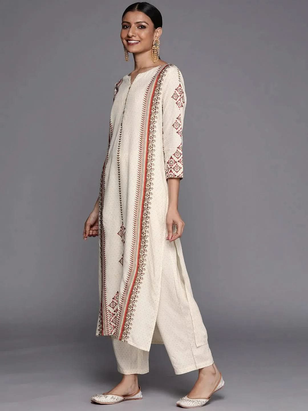 Cream Printed Cotton Blend Straight Suit Set - Libas 