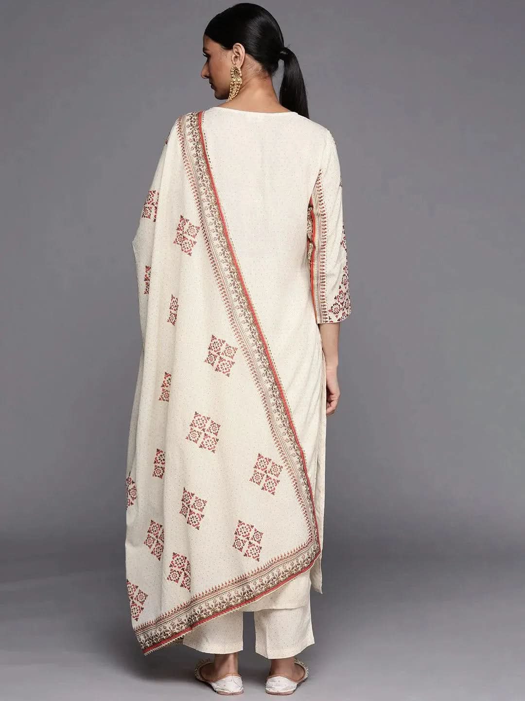 Cream Printed Cotton Blend Straight Suit Set - Libas 
