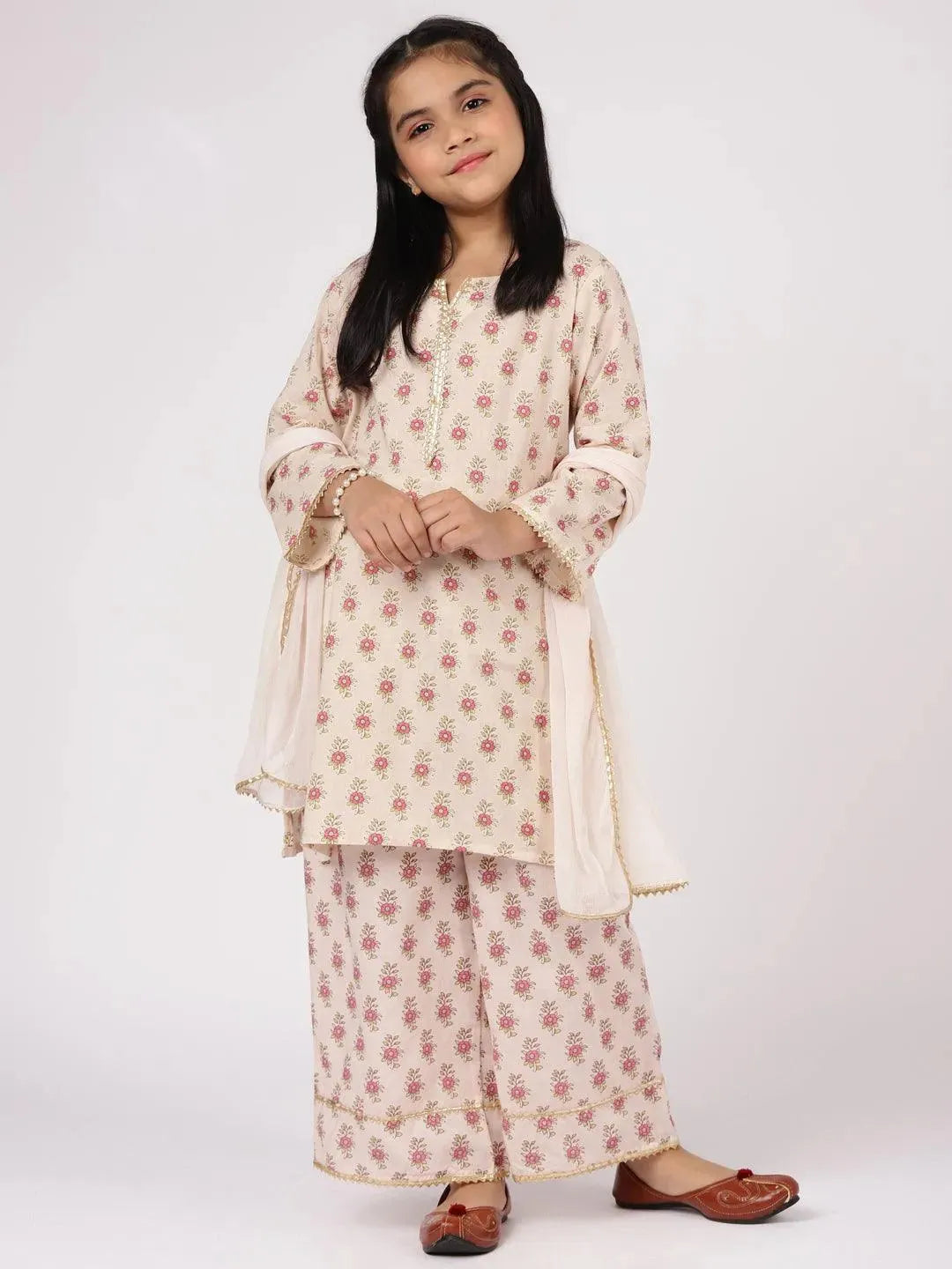 Cream Printed Cotton Straight Kurta With Palazzos & Dupatta