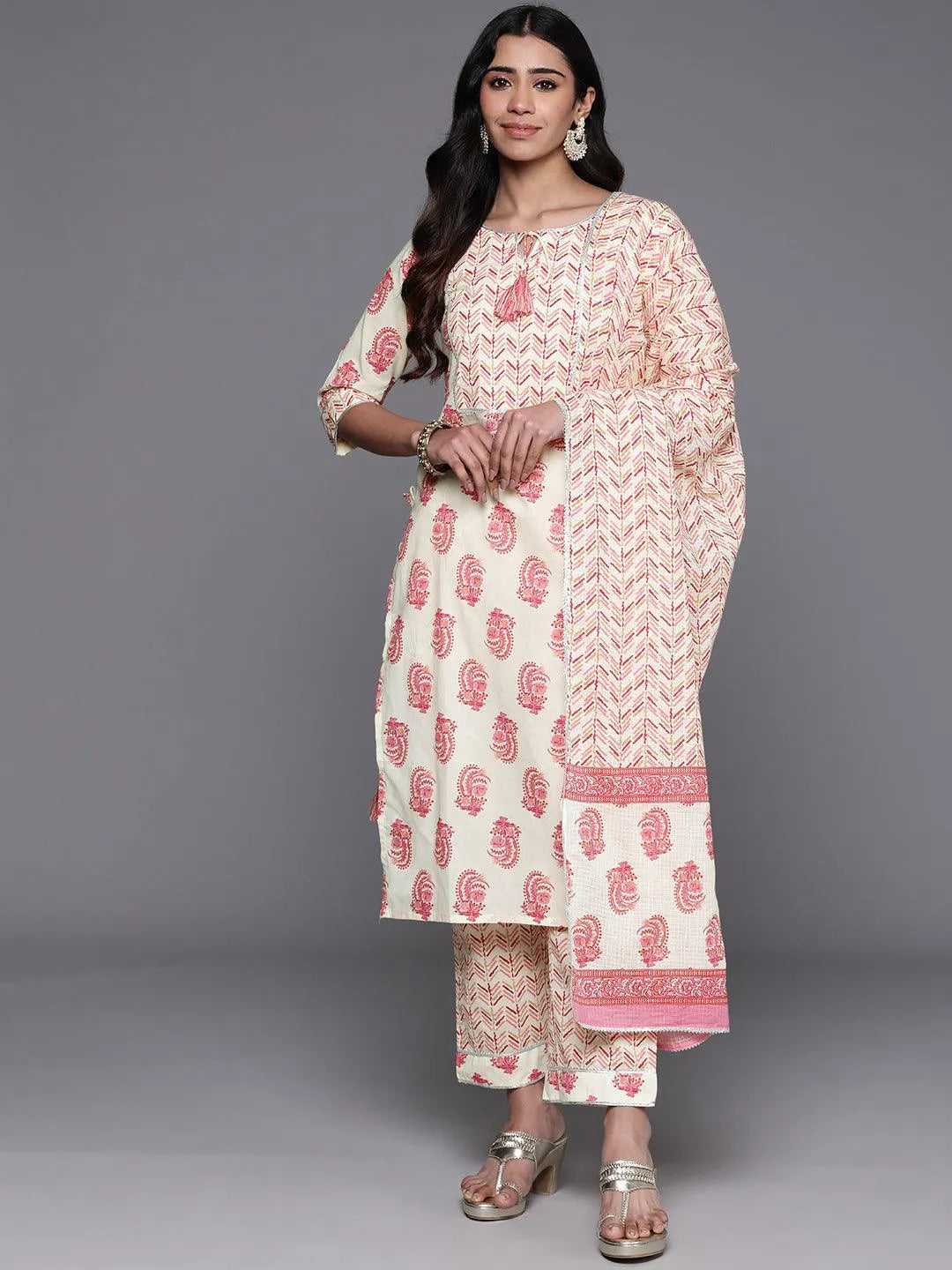 Cream Printed Cotton Straight Kurta With Trousers & Dupatta - Libas