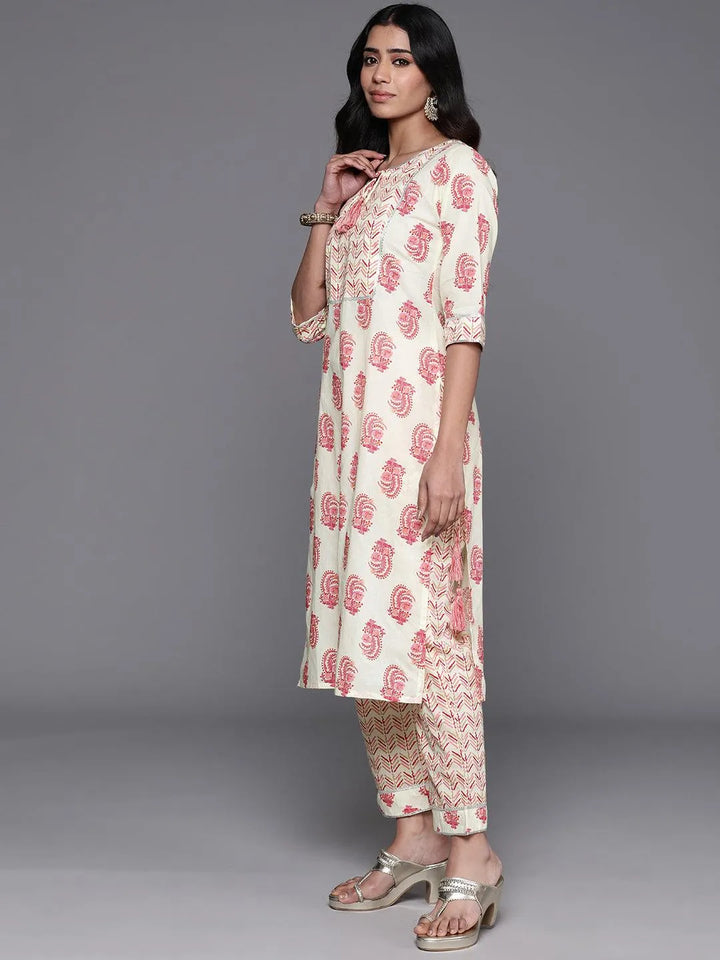 Cream Printed Cotton Straight Kurta With Trousers & Dupatta - Libas