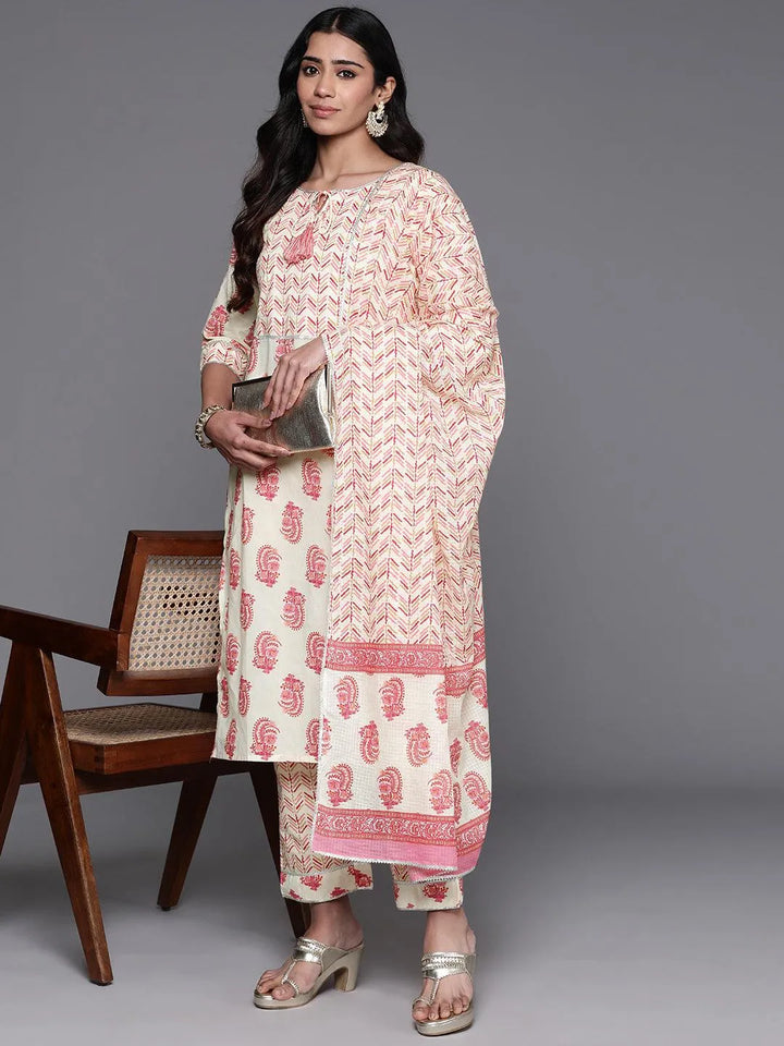 Cream Printed Cotton Straight Kurta With Trousers & Dupatta - Libas