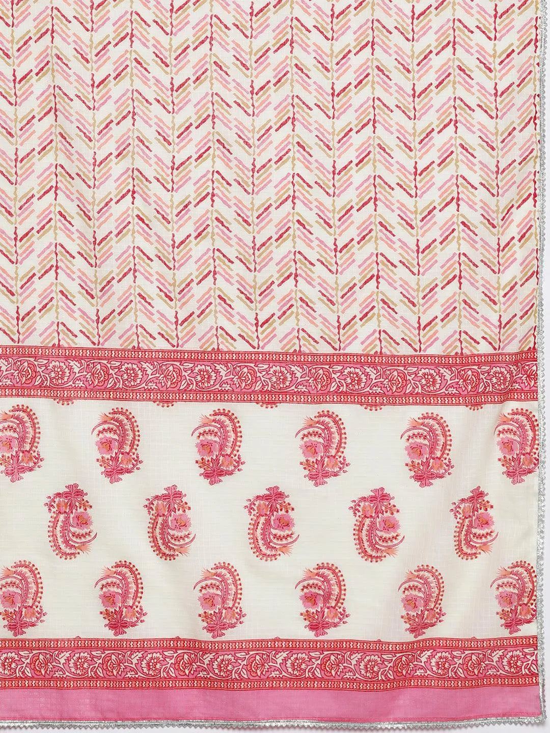 Cream Printed Cotton Straight Kurta With Trousers & Dupatta - Libas 