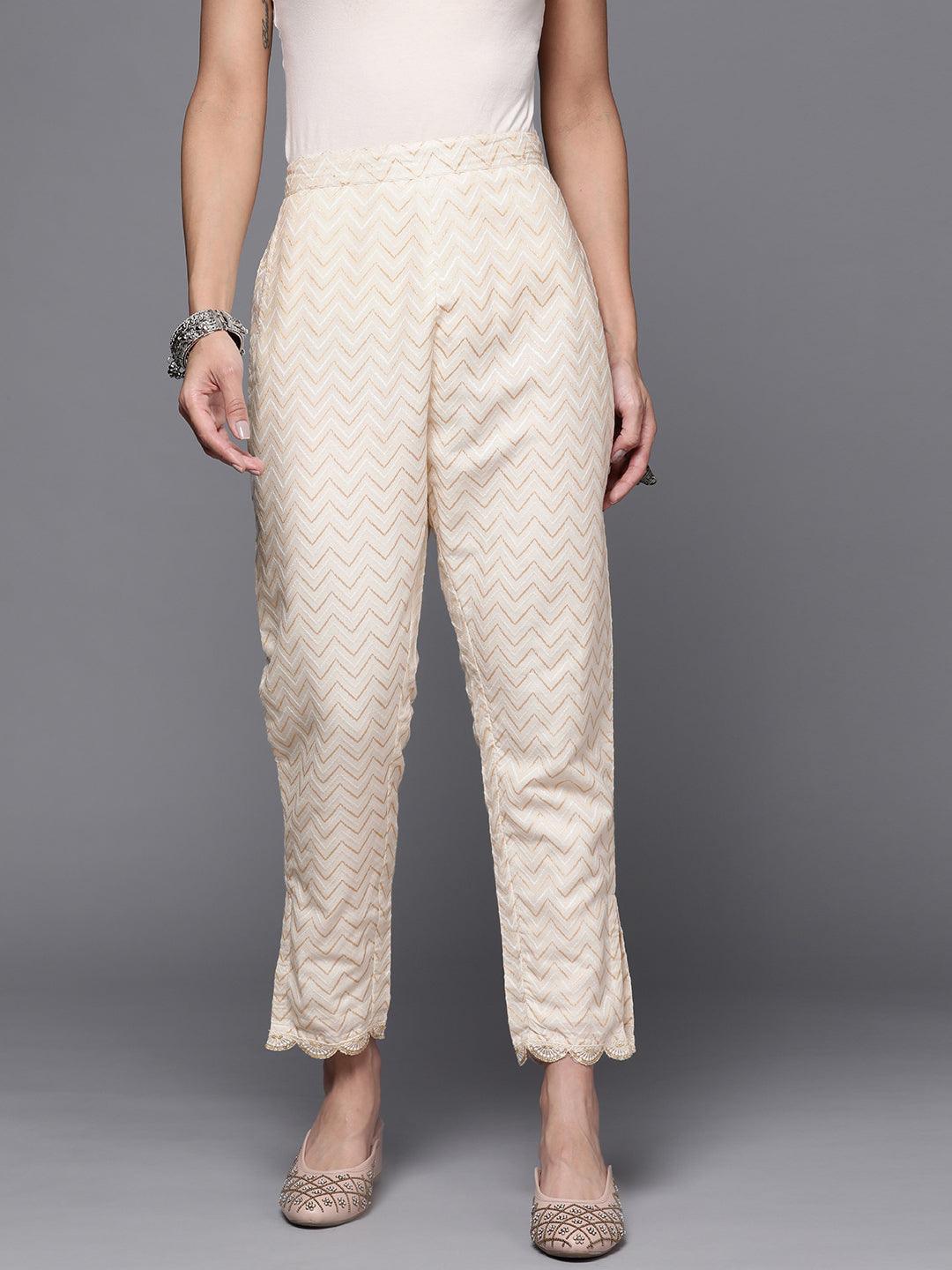 Cream Printed Cotton Trousers - Libas