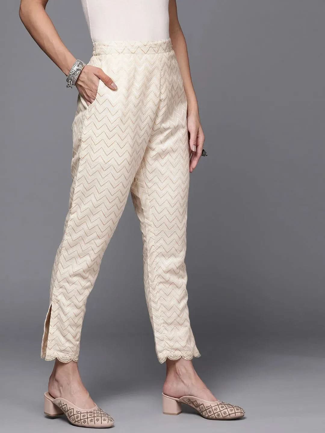 Cream Printed Cotton Trousers - Libas 