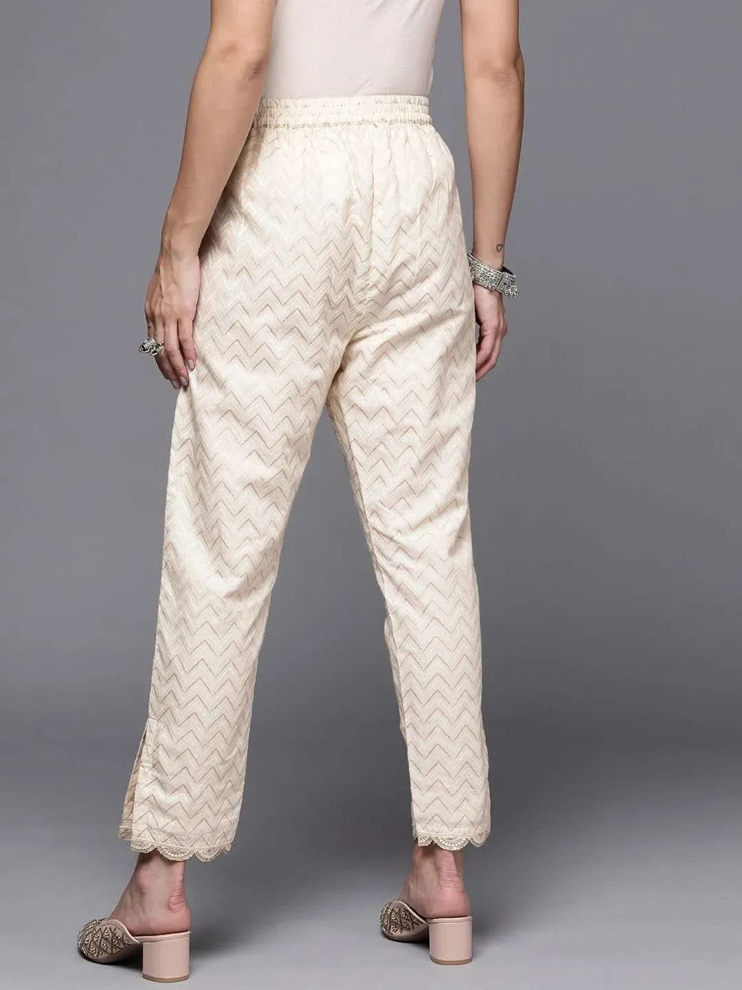 Cream Printed Cotton Trousers - Libas 