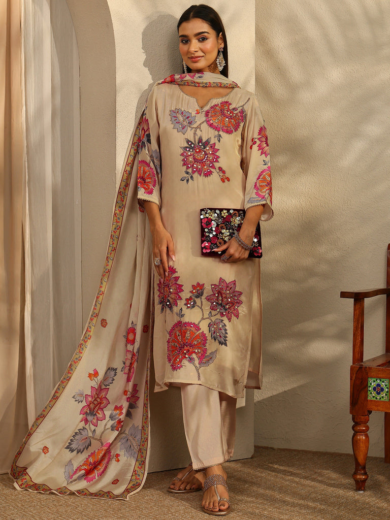 Libas Cream Printed Crepe Straight Suit Set With Dupatta