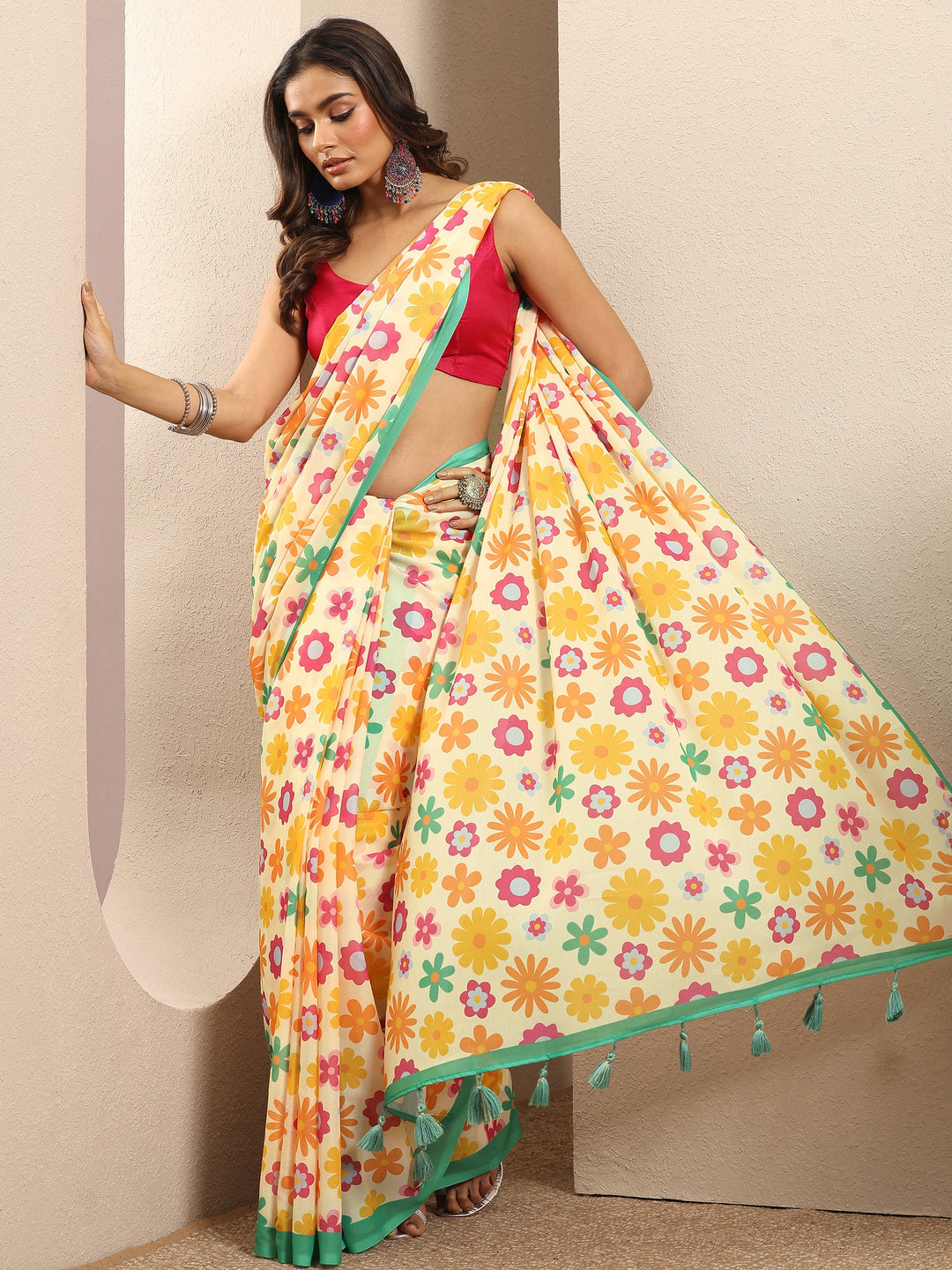 Cream Printed Georgette Saree With Unstitched Blouse Piece 
