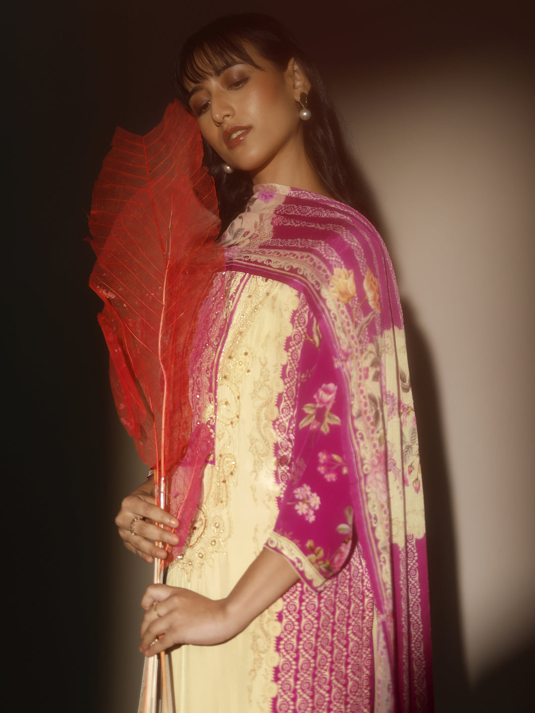 Cream Printed Muslin Straight Suit Set With Dupatta