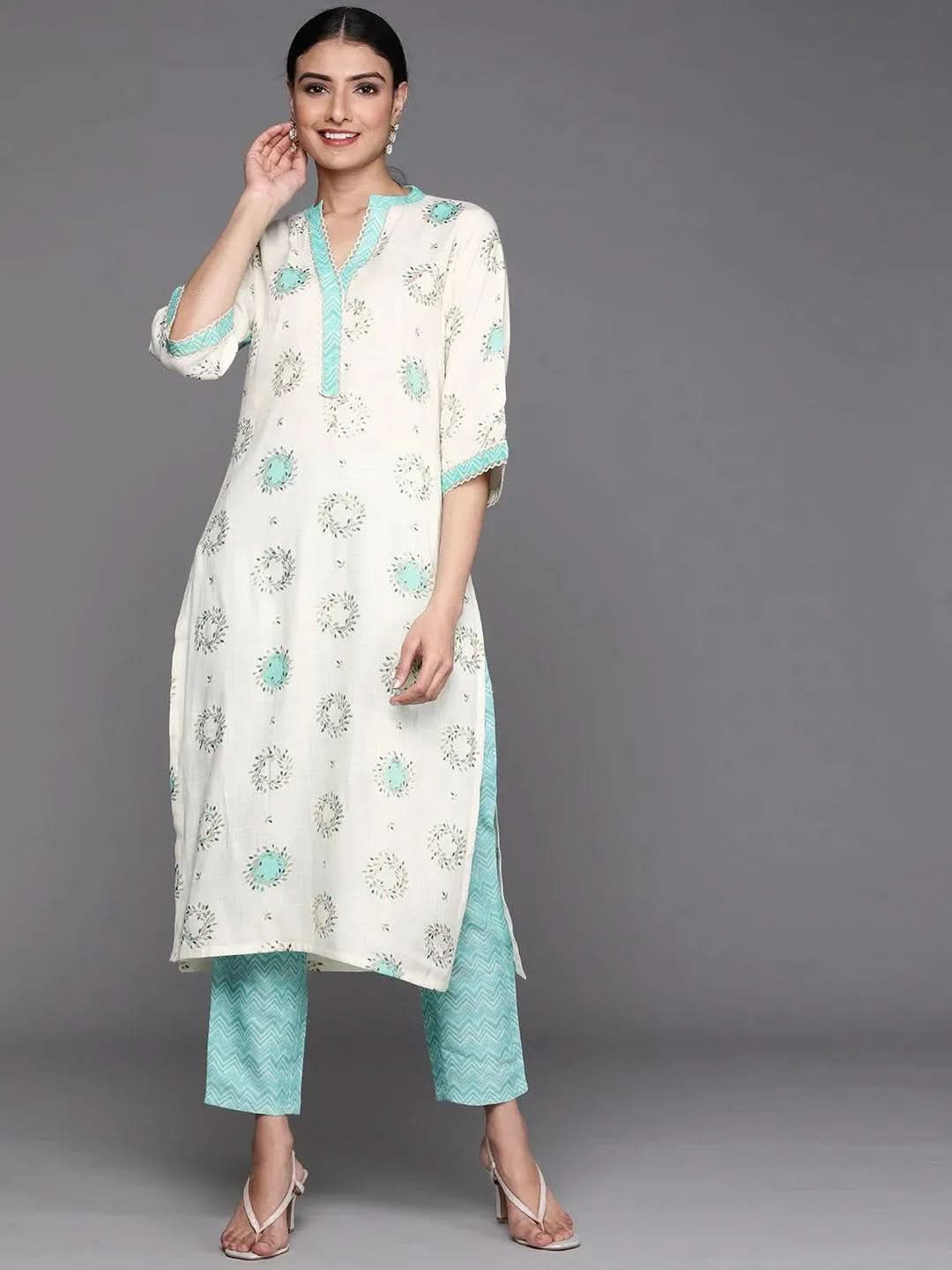 Cream Printed Rayon Kurta - Libas