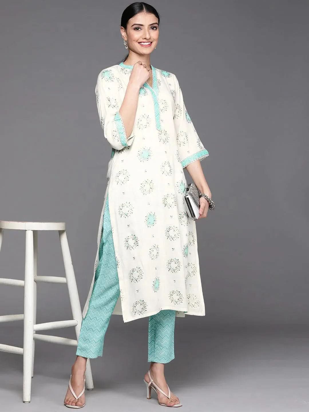 Cream Printed Rayon Kurta - Libas 