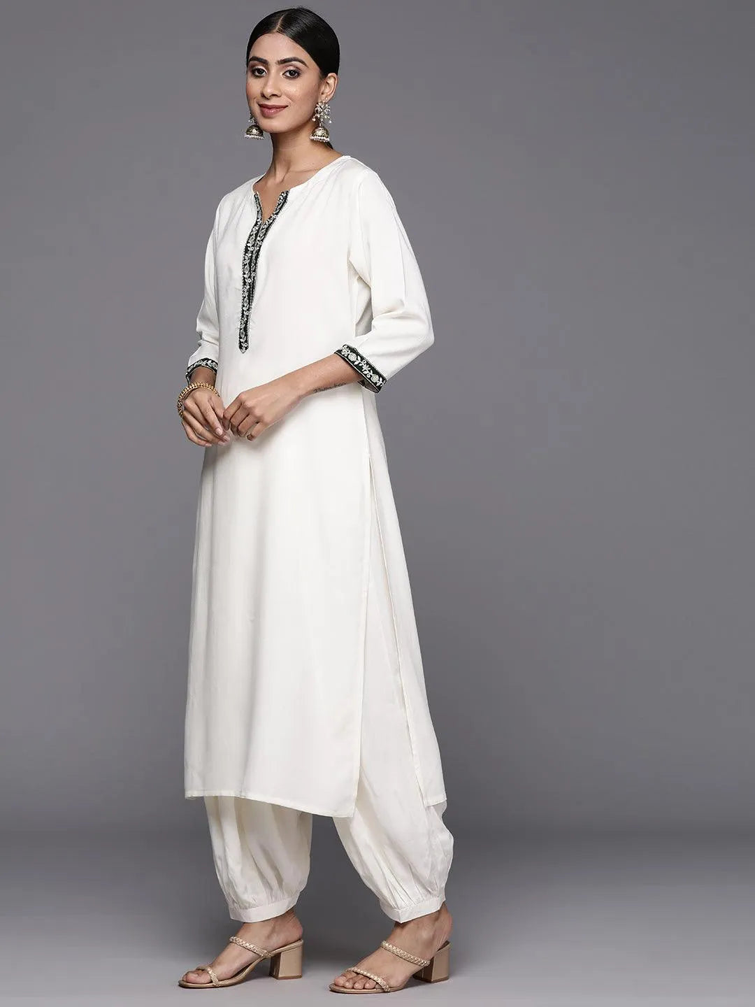 Cream Printed Rayon Straight Kurta With Salwar & Dupatta - Libas 