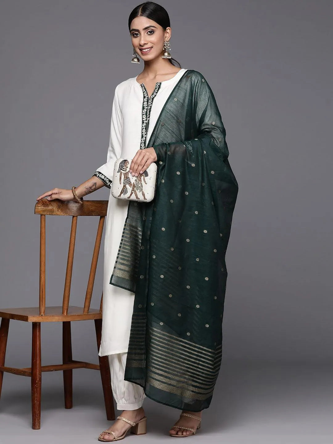 Cream Printed Rayon Straight Kurta With Salwar & Dupatta - Libas