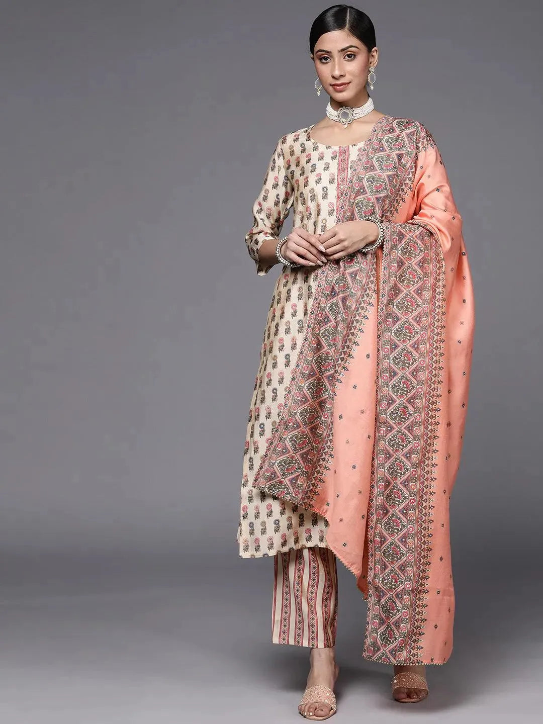 Cream Printed Silk Blend Straight Suit Set - Libas