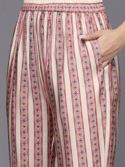 Cream Printed Silk Blend Straight Suit Set - Libas