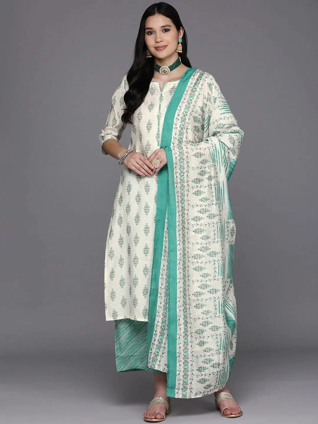 libas Cream Printed Silk Blend Straight Kurta With Palazzos & Dupatta-picture-11