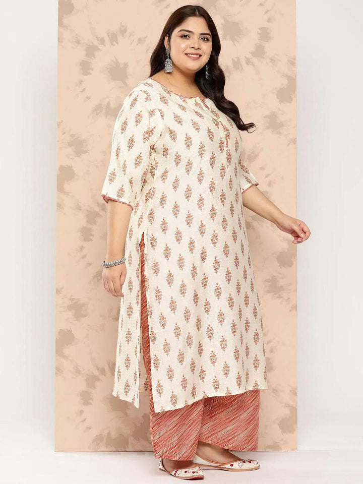 Cream Printed Silk Blend Straight Kurta With Palazzos and Dupatta - Libas
