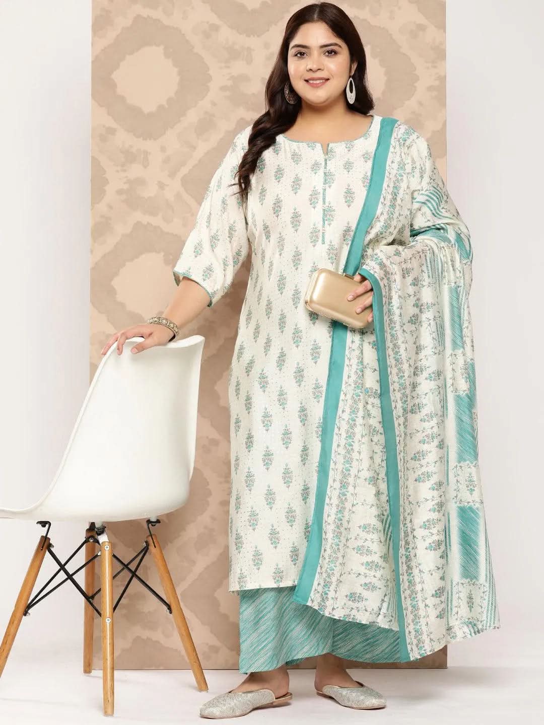 Cream Printed Silk Blend Straight Kurta With Palazzos and Dupatta - Libas 