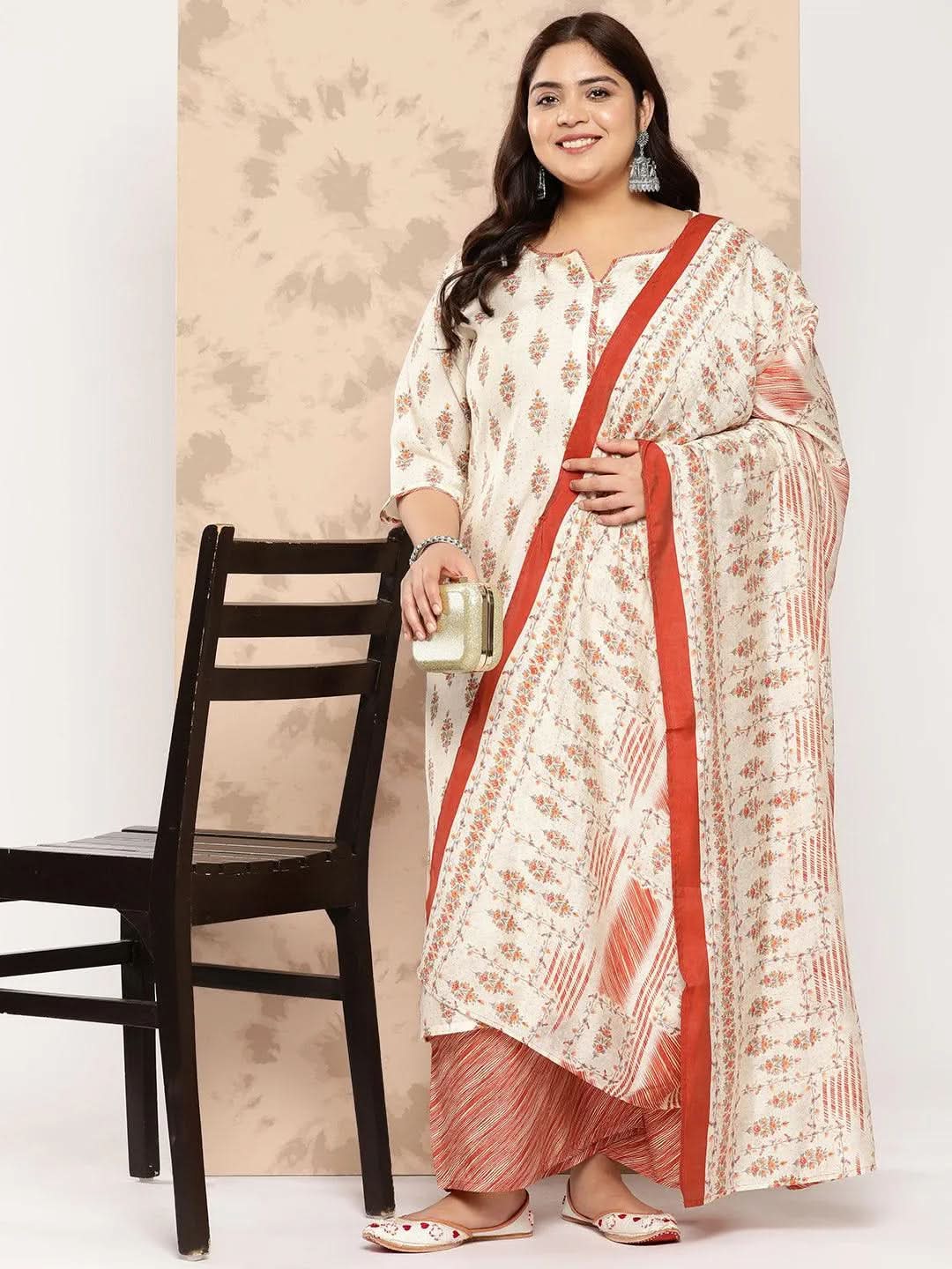 Cream Printed Silk Blend Straight Kurta With Palazzos and Dupatta - Libas 