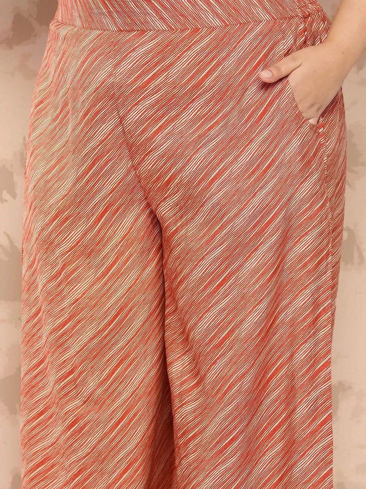 Cream Printed Silk Blend Straight Kurta With Palazzos and Dupatta - Libas