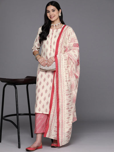 Cream Printed Silk Blend Straight Suit Set With Palazzos - Libas