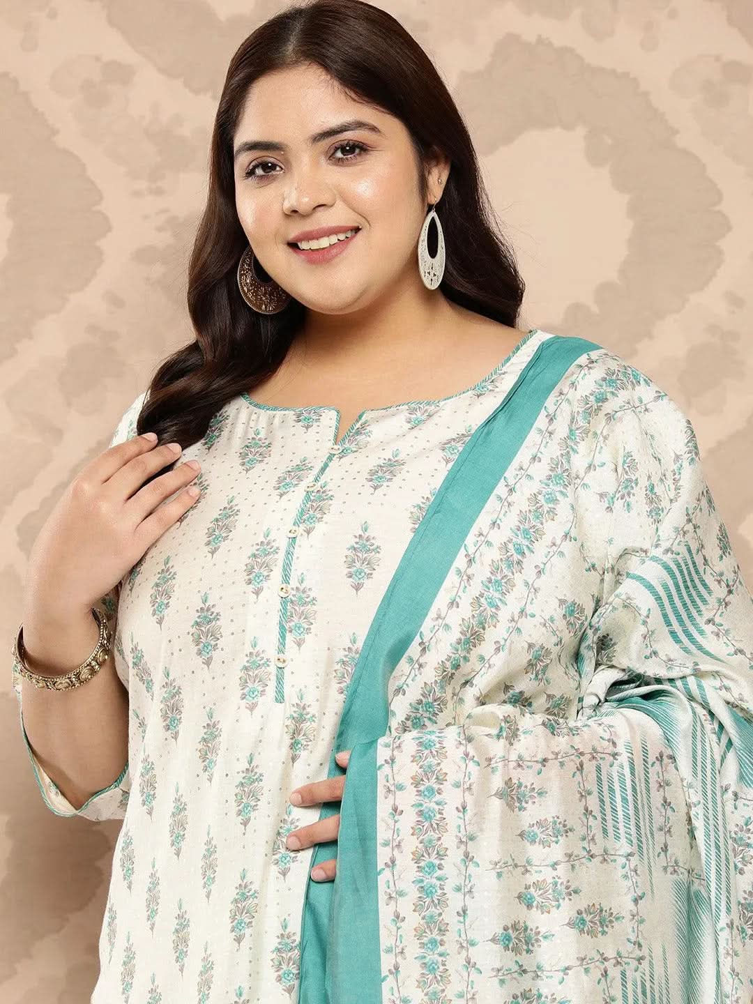 Cream Printed Silk Blend Straight Kurta With Palazzos and Dupatta - Libas 