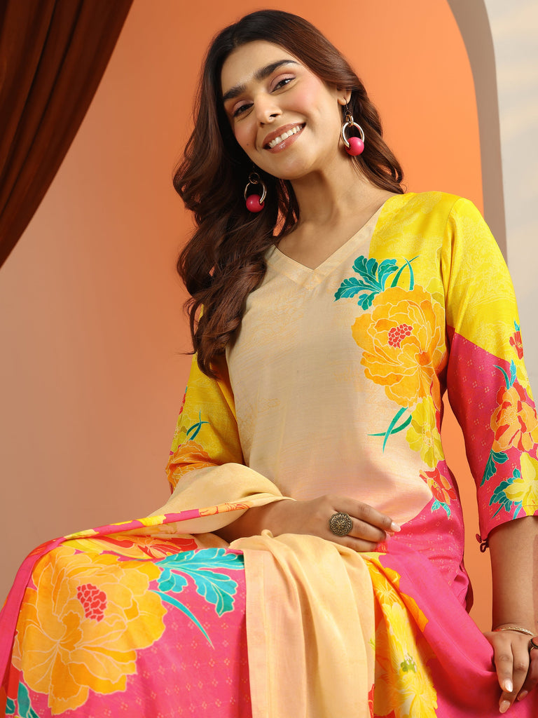 Libas Cream Printed Silk Blend Straight Suit Set With Dupatta