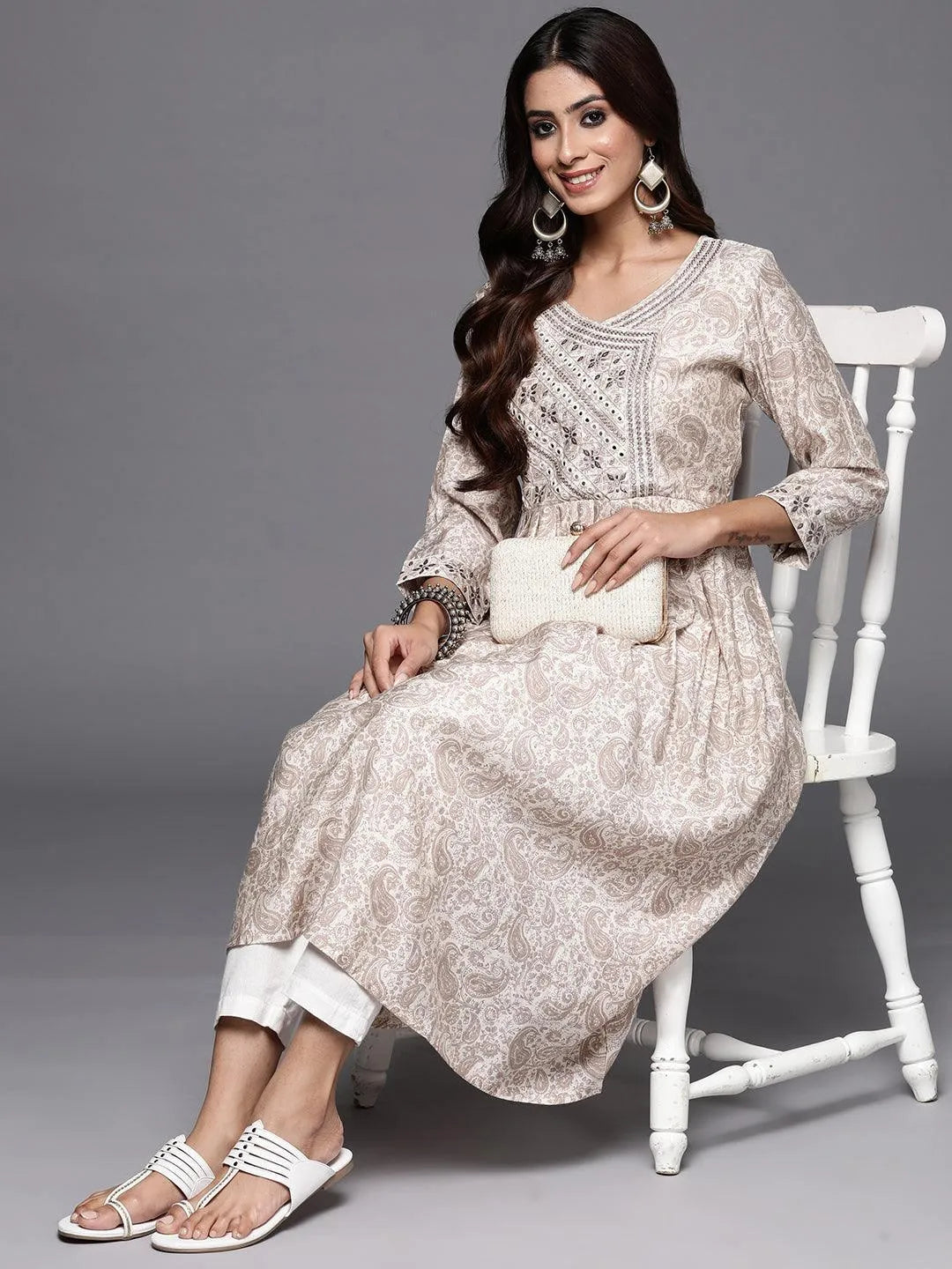 Cream Printed Silk Fit and Flare Dress - Libas