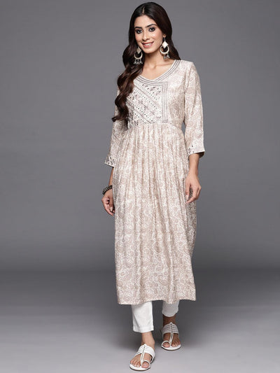 Cream Printed Silk Fit and Flare Dress - Libas