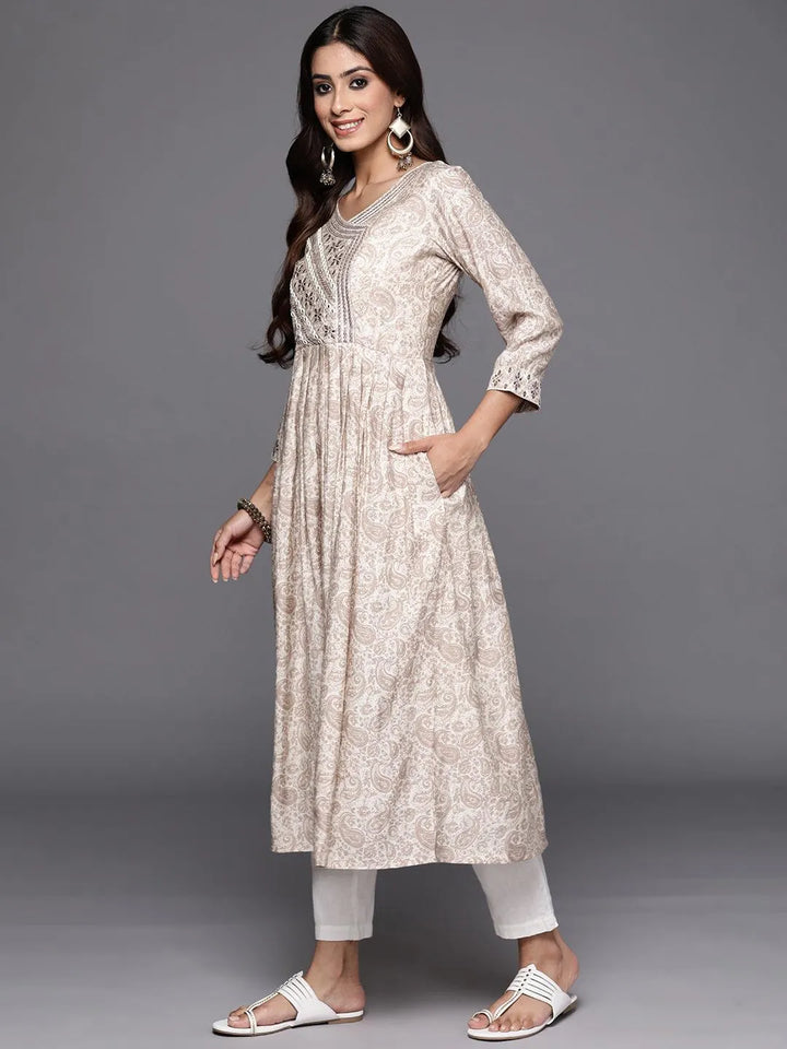 Cream Printed Silk Fit and Flare Dress - Libas