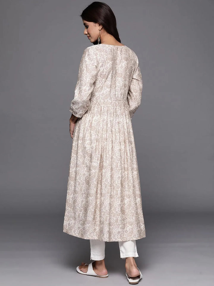Cream Printed Silk Fit and Flare Dress - Libas