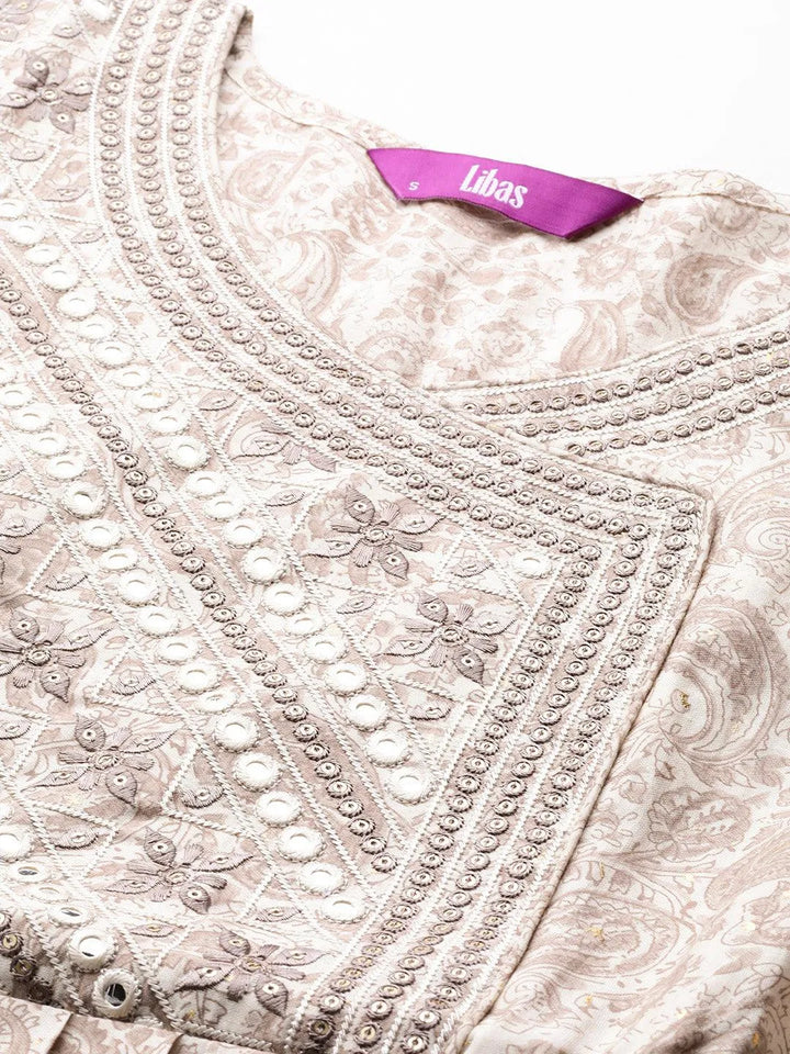Cream Printed Silk Fit and Flare Dress - Libas