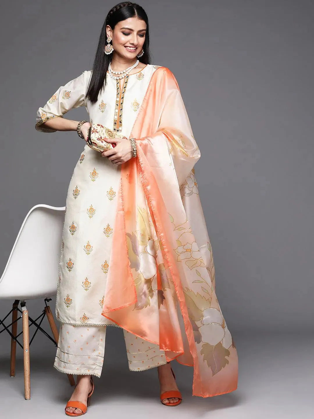 Cream Printed Silk Suit Set - Libas