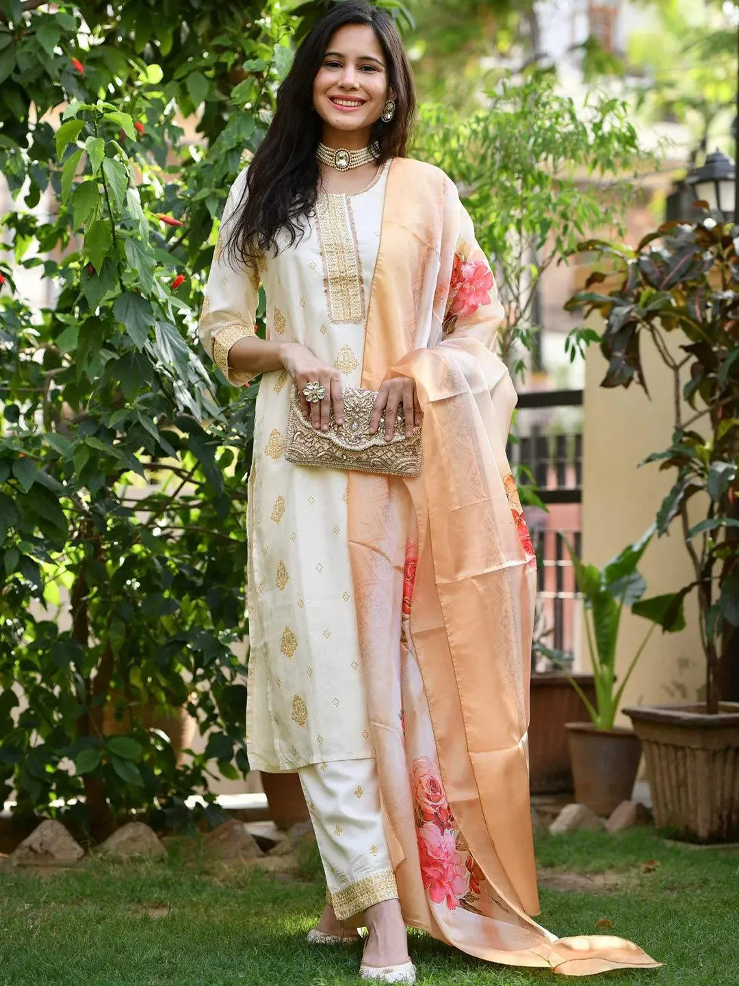 Cream Printed Silk Suit Set - Libas 