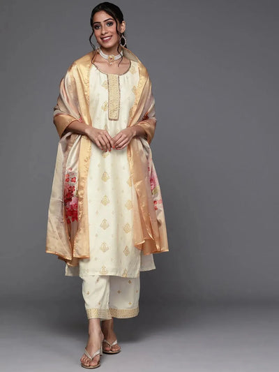 Cream Printed Silk Suit Set - Libas