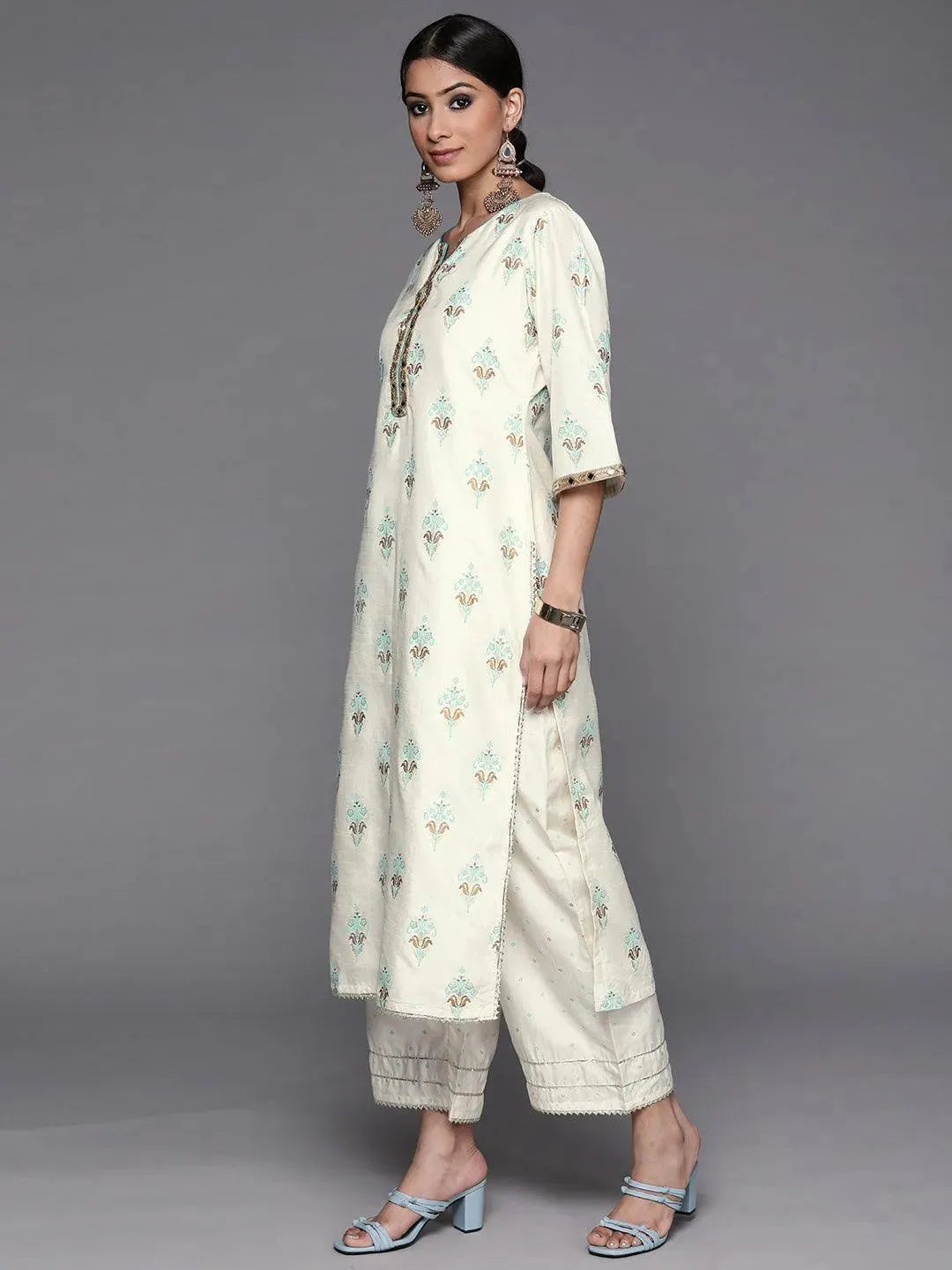 Cream Printed Silk Suit Set - Libas