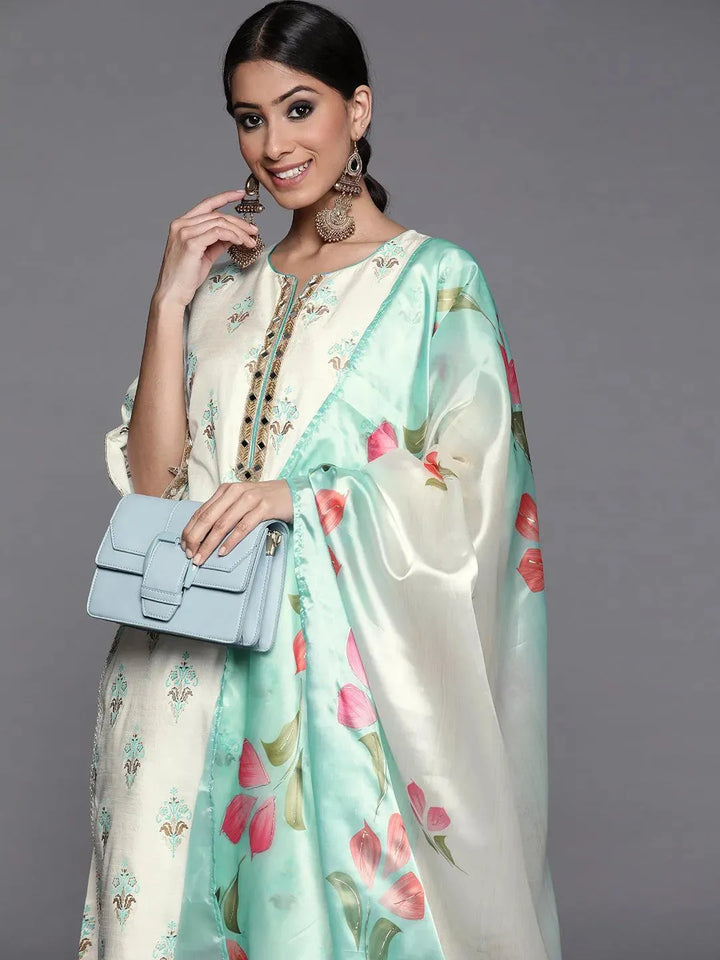 Cream Printed Silk Suit Set - Libas