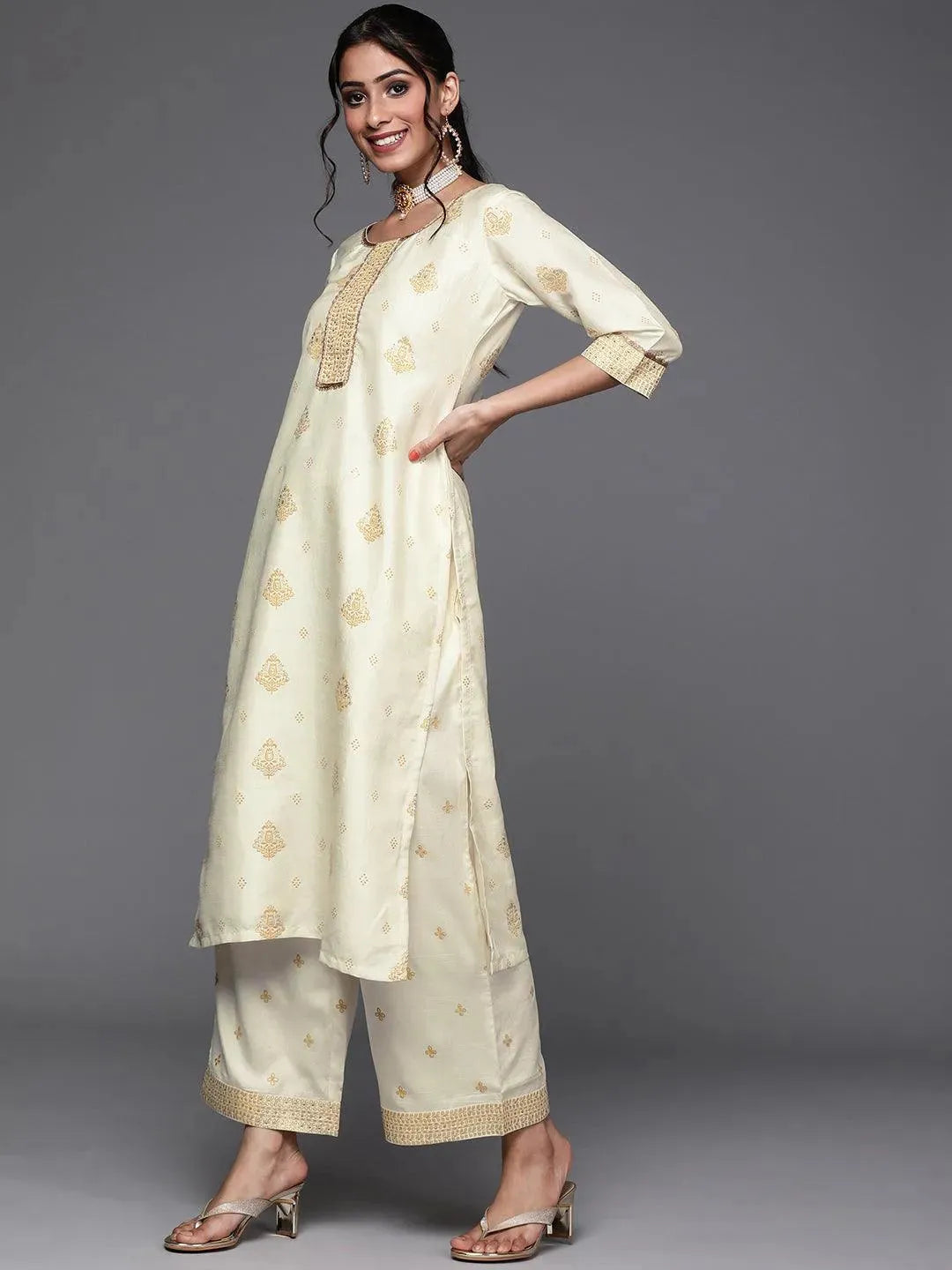Cream Printed Silk Suit Set - Libas 