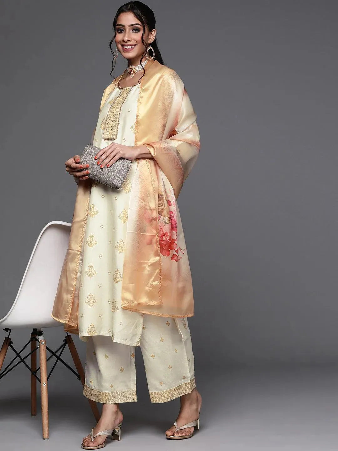 Cream Printed Silk Suit Set - Libas 